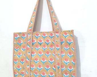 Hand Block Print Cotton Quilted Tote Bag: Large Floral Shopping indian bags