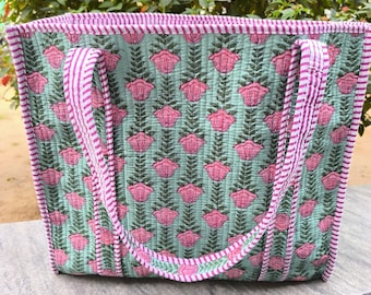 Hand Block Print Cotton Quilted Tote Bag: Handmade travel shopping Shoulder Bag