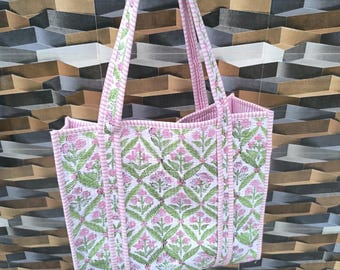 Floral Quilted Tote Bag: Indian Block Print, Large Handmade Shopping Bag