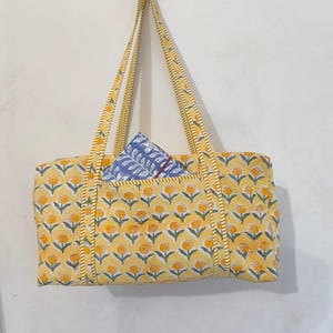 Block Print Quilted Duffle Bag, Large Size Handmade Cotton Overnight Bag, Decorative Floral Print  Shoulder Travel Bag, Women Shopping Bags