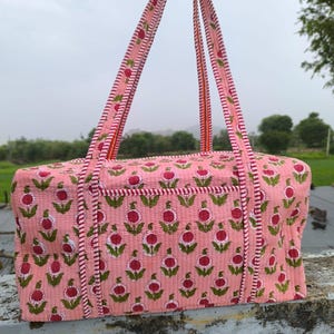 Handmade Floral Print Duffle Bags Indian Cotton Quilted Shopping Bag Beautiful Block Print Overnight Bag, Large Size Decorative Travel Bag