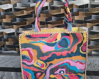 handmade digital  print cotton quilted tote bag, handmade shoulder tote for shopping and gifts