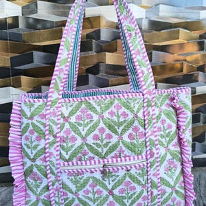 Hand Block Printed Cotton Quilted Tote Bag: vintage Bohemian Frill Design travel weekender bags
