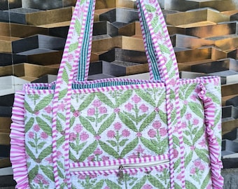 Hand Block Printed Cotton Quilted Tote Bag: vintage Bohemian Frill Design travel weekender bags