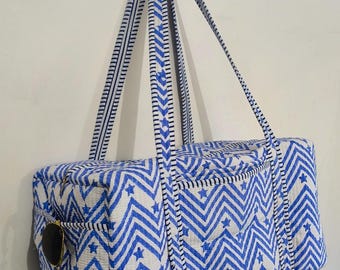 block printed cotton quilted Duffle Bag: Floral Print Handmade Overnight Travel Bag, Large Size Flower weekender Bags