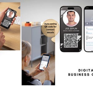 Könnte beinhalten: Bild von digitalen Visitenkarten, die auf Smartphones angezeigt werden. Die Karten zeigen ein Foto, einen Namen, einen Titel und einen QR-Code für Kontaktdaten. Der Text "DIGITAL BUSINESS CARDS" befindet sich am unteren Rand des Bildes.