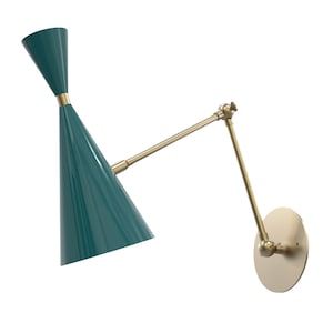 Bonbott Green Brass Wall Light – Mid Century Modern Adjustable Cone Sconce, Vintage Wall Lamp, Designer Accent Lighting for Home Decor