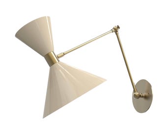 Bonbott Brass Wall Sconce – White Cone Shade, Vintage Modern Adjustable Light, Mid-Century Wall Lamp Fixture