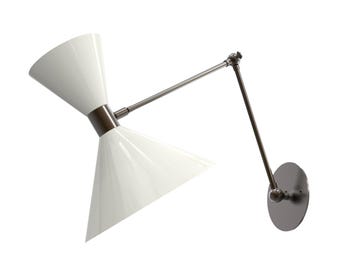 Bonbott White Brass Wall Sconce – Dual Cone Vintage Modern Light, Mid-Century Wall Lamp, Adjustable Swing Arm Wall Fixture