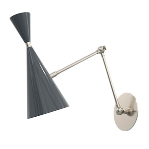 Bonbott Midnight Gray Brass Wall Sconce – Modern Adjustable Cone Wall Light, Vintage Swing Arm Lamp for Bedroom, Office, Home Decor