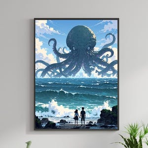 Póster de pulpo y monstruo marino de anime - Descarga digital / Impresión romántica de fantasía oceánica estilo Ghibli / Anime de estudio imprimible