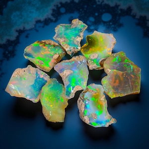 Peut inclure: Plusieurs pierres d'opale brutes, affichant des couleurs vives de vert, bleu, jaune et orange. Les opales ont une texture brute et naturelle, présentées sur un fond bleu foncé.