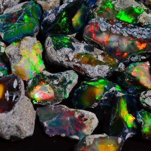 Puede incluir: Primer plano de una colecci&oacute;n de &oacute;palos en bruto. Los &oacute;palos muestran una gama de colores, incluyendo verde, rojo, amarillo y azul, con un efecto de juego de colores. Los &oacute;palos est&aacute;n colocados sobre un fondo de roca gris.