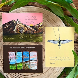 Set van 3 Christelijke Kaartjes – Handgemaakte Olieverf Illustraties met Bijbelteksten | Bemoedigingskaarten Geloof & Hoop
