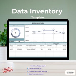 Op de afbeelding: Een laptop toont een "Data Inventory Template" met een spreadsheet met namen van data-assets, beschrijvingen en bewaartermijnen. Het scherm bevat een grafiek en de tekst "Track Your Digital Assets". Een stempel "Direct downloaden" is zichtbaar.