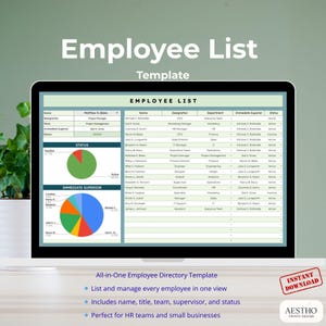 May include: A laptop screen displays an "Employee List" template. The spreadsheet includes columns for name, designation, department, and status. Pie charts and text are also visible. The template is designed for HR teams and small businesses.