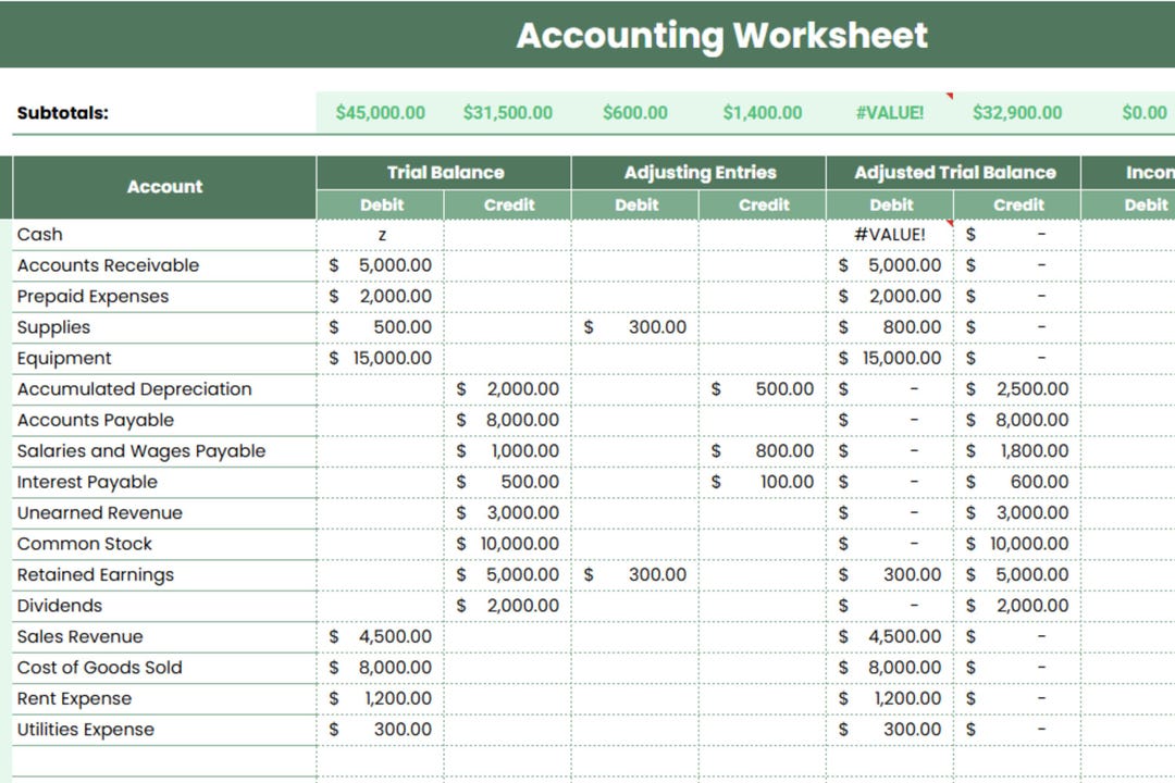 Accounting Worksheet Template – Printable Bookkeeping Spreadsheet – Income &amp; Expense Tracker ...