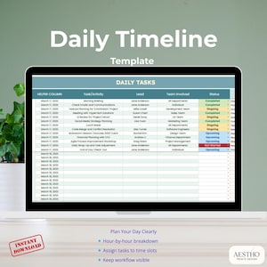 May include: A laptop displays a "Daily Timeline Template" with a detailed task list, including task names, leads, team involvement, and status updates. The screen also shows the text "Instant Download".