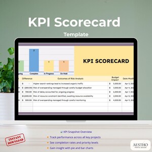 May include: A laptop screen shows a KPI Scorecard template with a bar graph and data table. The screen displays the text "KPI Scorecard" and a red "Instant Download" stamp. The template includes a snapshot overview and project tracking.