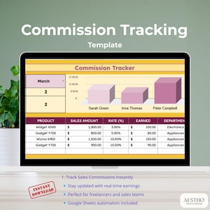 May include: A laptop screen displays a commission tracking template. The spreadsheet shows sales data, including product names, sales amounts, and earned commissions. The top of the screen reads "Commission Tracking Template". An "Instant Download" sticker is in the lower left corner.