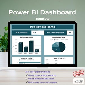 May include: A laptop screen displaying a Power BI Dashboard template. The dashboard includes charts and graphs showing project progress, issue types, and issue status. Text on the screen reads "Summary Dashboard" and "All-in-One Power BI Dashboard."