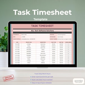 Google Sheets Task Timesheet Template for Google Sheets | Track Daily Work Hours, Projects & Tasks, Time Log Spreadsheet for Employees