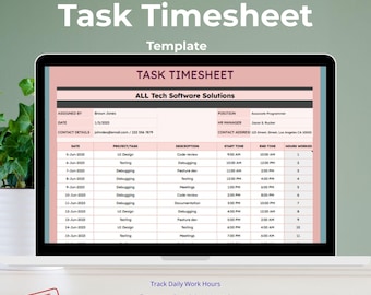 Google Sheets Task Timesheet Template for Google Sheets | Track Daily Work Hours, Projects & Tasks, Time Log Spreadsheet for Employees