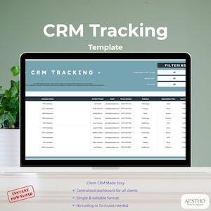 CRM Management Template in Google Sheets with Filterable Client Info, Email Log, Subscription Tracking and Contact Follow-Ups