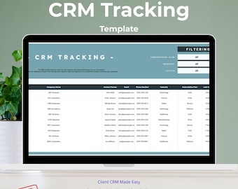 Plantilla de gestión de CRM en Hojas de cálculo de Google con información de clientes filtrable, registro de correo electrónico, seguimiento de suscripciones y seguimiento de contactos.