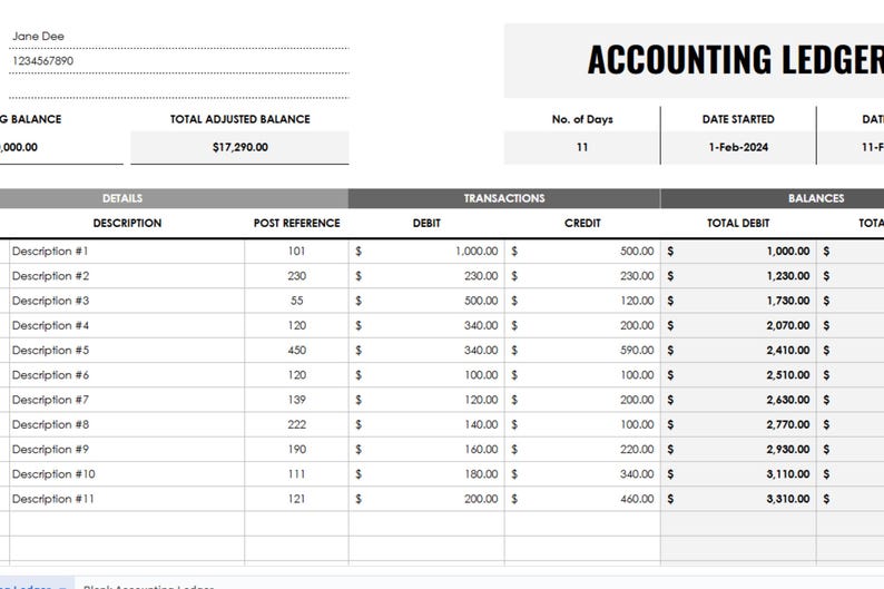 Editable Accounting Ledger in Google Sheets | Debit Credit Transaction ...