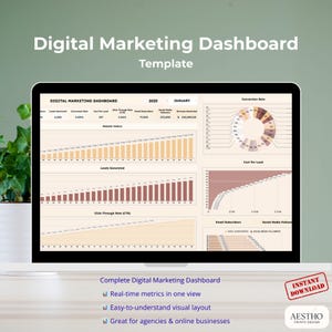 Könnte beinhalten: Ein Laptop-Bildschirm, der eine Vorlage für ein digitales Marketing-Dashboard anzeigt. Das Dashboard zeigt verschiedene Metriken, darunter Website-Besucher, generierte Leads und E-Mail-Abonnenten. Der Text "Digital Marketing Dashboard Template" steht oben. Unten steht "Complete Digital Marketing Dashboard".