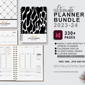 May include: A selection of spiral-bound planners, one open to a weekly spread, and two closed with patterned covers. The image includes text detailing the "Ultimate Planner Bundle 2023-24" features and file formats.