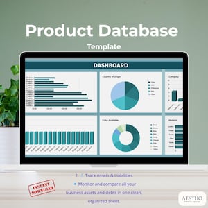 May include: A laptop screen shows a "Product Database Template" with a dashboard featuring charts and graphs. The display includes pie charts for country of origin and colour availability, and bar graphs for product data. Text on the screen reads "Track Assets & Liabilities."