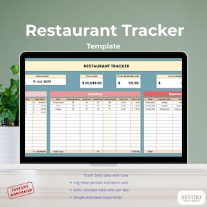 May include: A laptop screen displays a restaurant tracker template. The template includes sections for sales, inventory, and expenses. The text "Restaurant Tracker" and "Template" are at the top. The screen also shows the date, sales, and inventory cost.