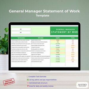 Könnte beinhalten: Ein Laptop-Bildschirm zeigt eine Vorlage für eine "General Manager Statement of Work". Das Dokument ist in Tabellenform mit Spalten für Aufgabenbeschreibung, Ergebnisse, Frist und Priorität organisiert. Der Text "Sofort-Download" ist enthalten.