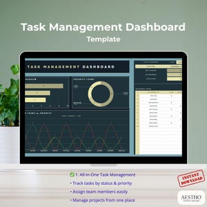 Könnte beinhalten: Ein Laptop zeigt eine Vorlage für ein Task-Management-Dashboard. Der Bildschirm zeigt eine dunkelblaue Oberfläche mit Datenvisualisierungen, Diagrammen und Aufgaben. Der Text "Task Management Dashboard" steht oben. Unten stehen Funktionen wie All-in-One-Task-Management.