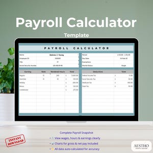 Puede incluir: Una plantilla digital de calculadora de nómina que se muestra en la pantalla de una computadora portátil. La plantilla incluye campos para la información del empleado, las ganancias, las deducciones y los totales. El texto "Payroll Calculator Template" está en la parte superior.