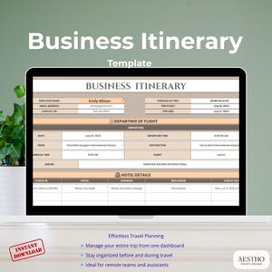 May include: A laptop screen displays a business itinerary template. The template includes sections for employee information, flight details, and hotel accommodations. The text "Business Itinerary" and "Instant Download" are visible. The design is clean and professional.