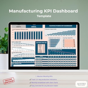 googlesheets Manufacturing KPI Dashboard Template for Google Sheets | Track OEE, Output, Scrap Rate, FPY, Downtime & Monthly KPIs Easily