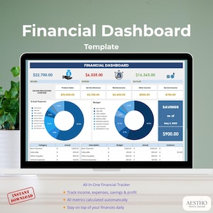 Könnte beinhalten: Ein Laptop-Bildschirm zeigt eine Finanz-Dashboard-Vorlage. Das Design umfasst Diagramme, Tabellen und Finanzdaten wie Einnahmen, Ausgaben und Ersparnisse. Der Text "Financial Dashboard Template" steht oben. Unten steht "All-In-One Financial Tracker".