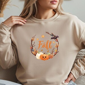 Herbst Saison Sweatshirt mit Kürbissen und Herbstlaub, Gemütlicher Herbst Rundhalsausschnitt zum Erntedankfest, Cottagecore Geschenk für Sie, Trend Herbst Geschenk