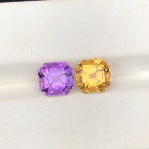 Peut inclure: Deux pierres précieuses taillées en carré, l'une violette et l'autre jaune doré, sont présentées sur un fond blanc. Les gemmes sont facettées, captant la lumière et mettant en valeur leur clarté et leur couleur. L'image met en évidence le contraste entre les deux pierres.