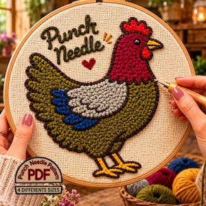 Puede incluir: Bordado de aguja mágica de un gallo en un aro de madera. El gallo presenta hilos rojos, verdes, azules y grises. El texto "Punch Needle" y "PDF" son visibles. El diseño está sobre una tela beige.