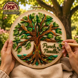 May include: A completed punch needle embroidery of a tree with green and brown leaves and trunk, set in a wooden hoop. The text "Punch Needle" is stitched in green. The text "Punch Needle Pattern PDF" is in the upper left corner.
