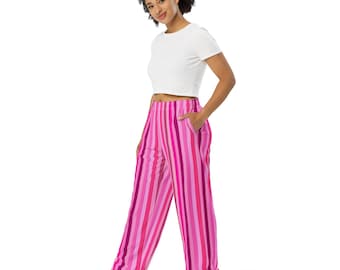 Wide leg pants in a Valentine's design:  reds and pinks