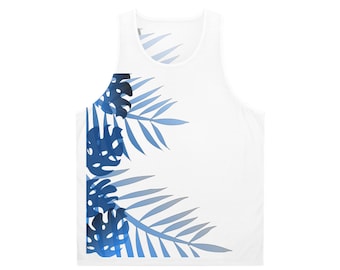 Canotta blu con foglie di palma tropicali / Maglietta estiva con motivo botanico da spiaggia