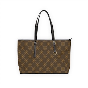 Bolso de hombro de piel sintética con estampado geométrico de monograma / Bolso tote marrón, de inspiración lujosa.