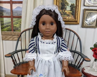 Navy Blue Colonial Everyday Dress with Vintage Lace Accents Pinner Apron Mob Cap for 18" Dolls Like American Girl - Historical Doll Fashion