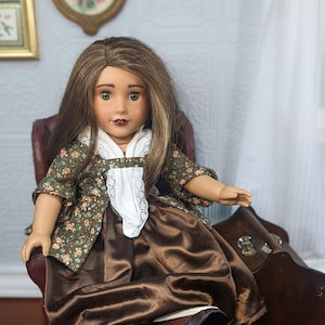 Handmade Colonial Chocolate Brown Floral Pet En L&#39;Air Bodice & Brown Satin Petticoat for 18&quot; Dolls - Historical Doll Fashion - 1770