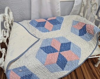 Antique Handquilted Doll Quilt: Blue & Pink Star Blanket